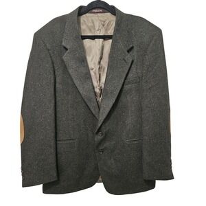 Vtg. Evan Picone Mens 46L Wool Tweed Gray Sport Coat Jacket Suede Elbow Patches